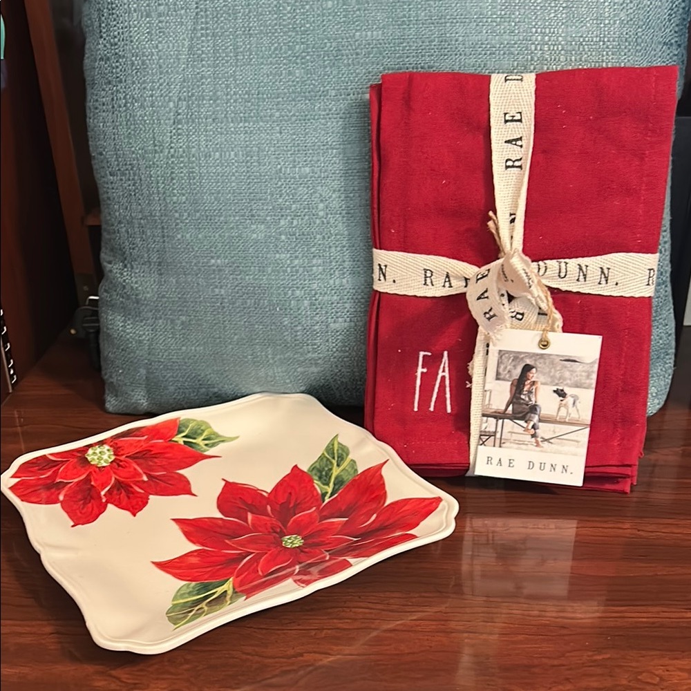 Rae Dunn Red Poinsettia Plate and Towel Set